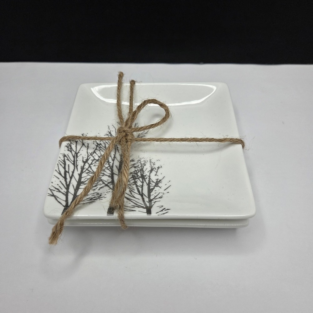 Artistic Accents Appetizer Plates Set of 2 Square 4.75" White Black Tree Winter